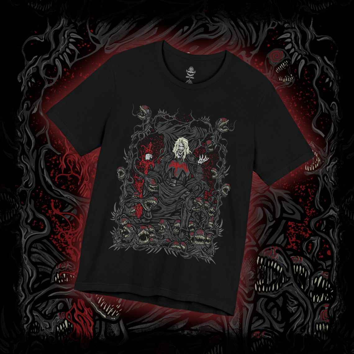 Thumbnail of a T-Shirt design of Knull from Marvel, the ancient King in Black standing upon a throne of living symbiote darkness as abyssal tendrils spread across the cosmos. His pale armor and flowing black necrosword radiate godlike menace while red eyes glow within the void. The design captures Knull’s dominion over the symbiotes, embodying primordial darkness, destruction, and cosmic terror.