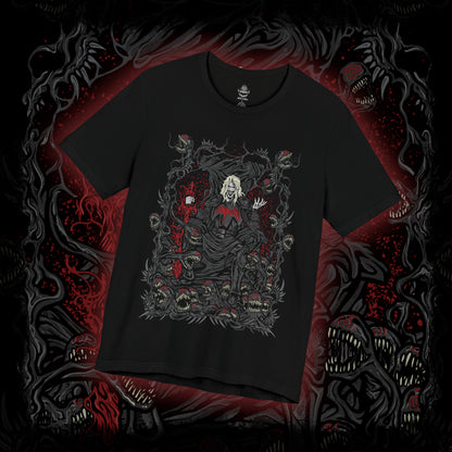 Thumbnail of a T-Shirt design of Knull from Marvel, the ancient King in Black standing upon a throne of living symbiote darkness as abyssal tendrils spread across the cosmos. His pale armor and flowing black necrosword radiate godlike menace while red eyes glow within the void. The design captures Knull’s dominion over the symbiotes, embodying primordial darkness, destruction, and cosmic terror.
