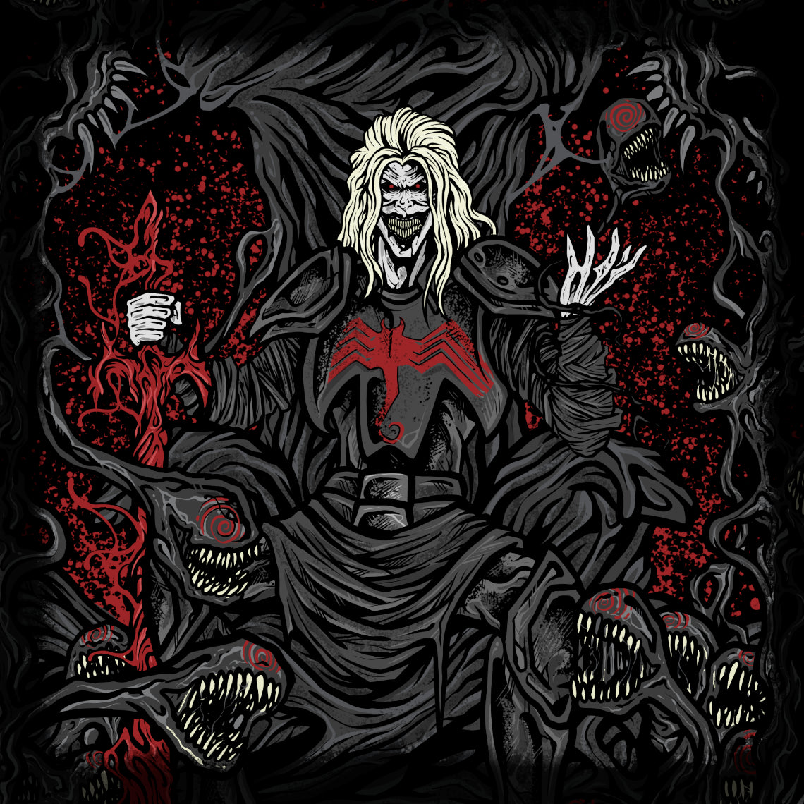 Wallpaper of Knull God of the Symbiotes. Known as the King in Black, Knull commands the hive mind connecting every symbiote, including Venom and Carnage. His arrival brings darkness, dragons forged from living symbiotes, and planetary destruction. Knull represents the origin of the symbiote mythology and the ultimate embodiment of cosmic void and death.