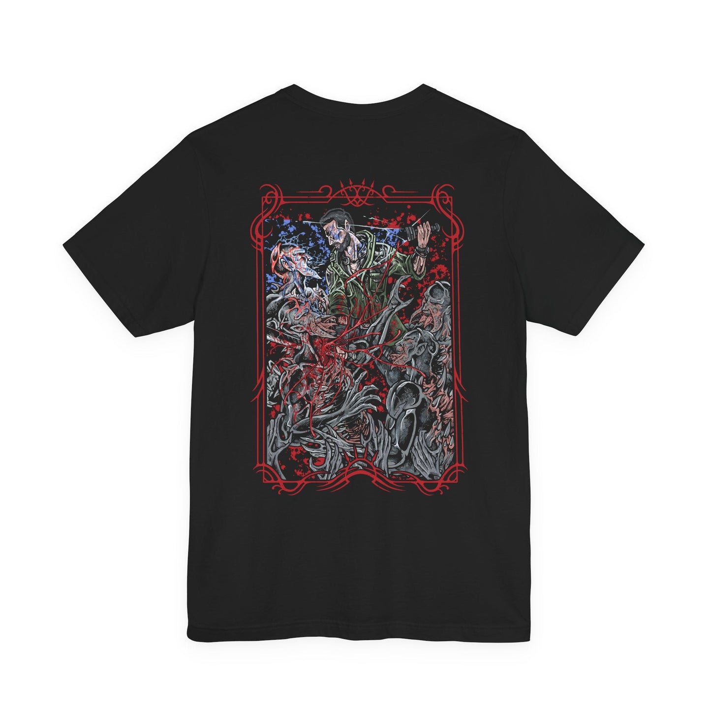 Image 5 of a T-shirt artwork depicting Kyle Crane mid-combat against Volatiles, leaping across rooftops as claws slash through the air behind him. Sparks from a UV flare illuminate their monstrous forms while the city skyline burns in the distance. This design reflects agility, desperation, and the brutal contrast between human endurance and the apex predators that dominate the night.