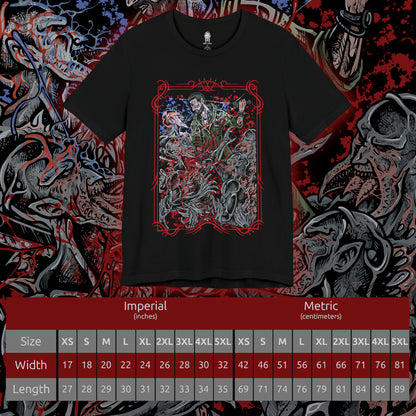 Size chart of a T-shirt artwork depicting Kyle Crane mid-combat against Volatiles, leaping across rooftops as claws slash through the air behind him. Sparks from a UV flare illuminate their monstrous forms while the city skyline burns in the distance. This design reflects agility, desperation, and the brutal contrast between human endurance and the apex predators that dominate the night.