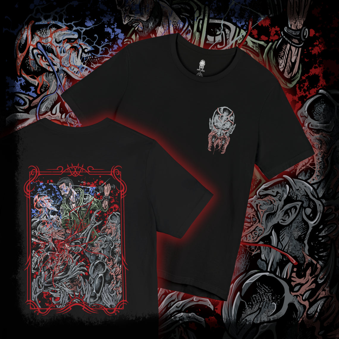 Thumbnail of a T-shirt artwork depicting Kyle Crane mid-combat against Volatiles, leaping across rooftops as claws slash through the air behind him. Sparks from a UV flare illuminate their monstrous forms while the city skyline burns in the distance. This design reflects agility, desperation, and the brutal contrast between human endurance and the apex predators that dominate the night.