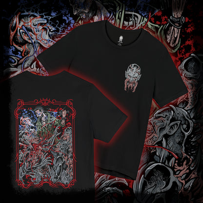Thumbnail of a T-shirt artwork depicting Kyle Crane mid-combat against Volatiles, leaping across rooftops as claws slash through the air behind him. Sparks from a UV flare illuminate their monstrous forms while the city skyline burns in the distance. This design reflects agility, desperation, and the brutal contrast between human endurance and the apex predators that dominate the night.