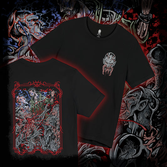 Thumbnail of a T-shirt artwork depicting Kyle Crane mid-combat against Volatiles, leaping across rooftops as claws slash through the air behind him. Sparks from a UV flare illuminate their monstrous forms while the city skyline burns in the distance. This design reflects agility, desperation, and the brutal contrast between human endurance and the apex predators that dominate the night.