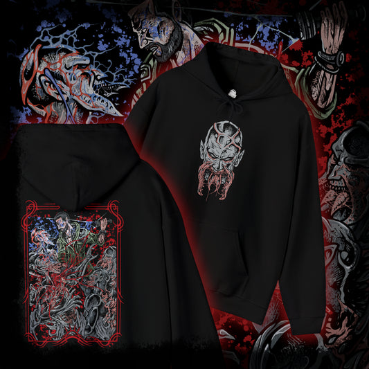 Thumbnail of a Hooded Sweatshirt of Kyle Crane standing his ground against multiple Volatiles in a dark alley, weapons ready as the creatures close in from every direction. Their glowing jaws and muscular frames radiate pure danger while faint UV light pushes them back. The composition emphasizes survival horror, tension, and the constant fear of being hunted after dark.