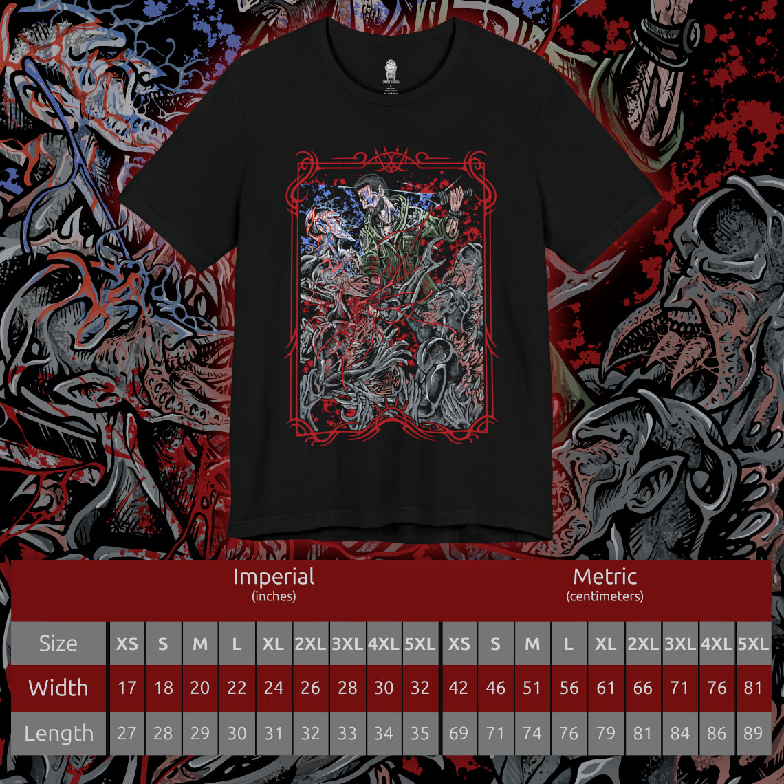 Size chart of a T-shirt design of Kyle Crane from Dying Light facing a pack of Volatiles on a rooftop at night, UV light glowing in one hand as the creatures emerge from the darkness. Their sinewy bodies and glowing eyes pierce through the shadows while the ruined city stretches below. The design captures the terror of nighttime survival and the relentless hunt that begins after sunset.