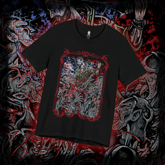 Thumbnail of a T-shirt design of Kyle Crane from Dying Light facing a pack of Volatiles on a rooftop at night, UV light glowing in one hand as the creatures emerge from the darkness. Their sinewy bodies and glowing eyes pierce through the shadows while the ruined city stretches below. The design captures the terror of nighttime survival and the relentless hunt that begins after sunset.
