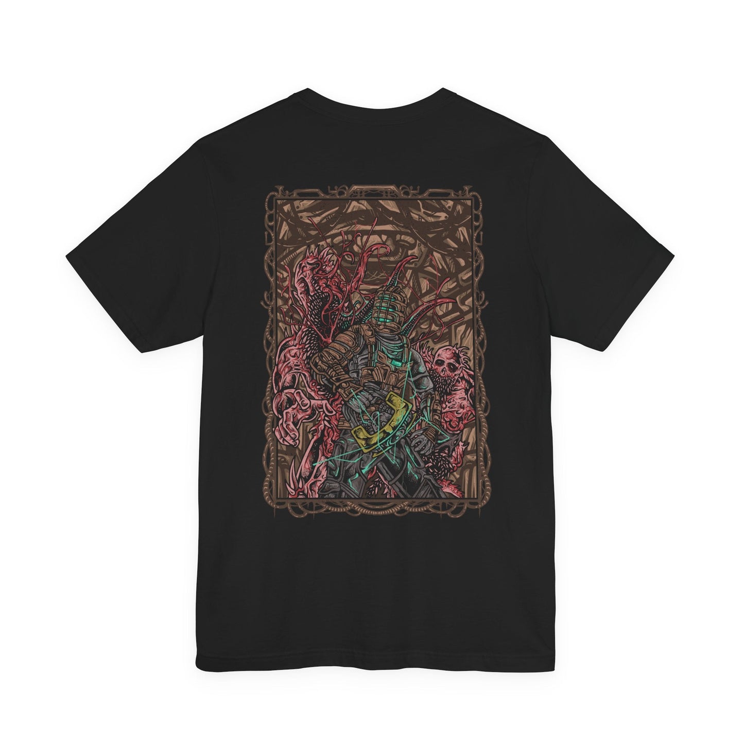 Image 5 of a T-shirt artwork depicting Isaac Clarke floating through zero-gravity halls of the Ishimura, sparks from his plasma cutter illuminating the grotesque shapes of Necromorphs lurking in the darkness. Shadows twist along cracked walls and broken machinery. The design captures the tension and dread of survival horror, embodying cosmic isolation, body horror, and the lurking menace of the Necromorph outbreak.