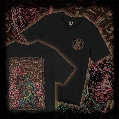 Thumbnail of a T-shirt artwork depicting Isaac Clarke floating through zero-gravity halls of the Ishimura, sparks from his plasma cutter illuminating the grotesque shapes of Necromorphs lurking in the darkness. Shadows twist along cracked walls and broken machinery. The design captures the tension and dread of survival horror, embodying cosmic isolation, body horror, and the lurking menace of the Necromorph outbreak.