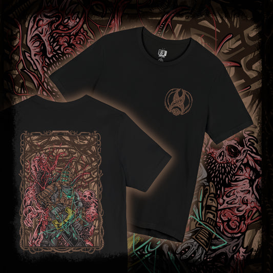 Thumbnail of a T-shirt artwork depicting Isaac Clarke floating through zero-gravity halls of the Ishimura, sparks from his plasma cutter illuminating the grotesque shapes of Necromorphs lurking in the darkness. Shadows twist along cracked walls and broken machinery. The design captures the tension and dread of survival horror, embodying cosmic isolation, body horror, and the lurking menace of the Necromorph outbreak.
