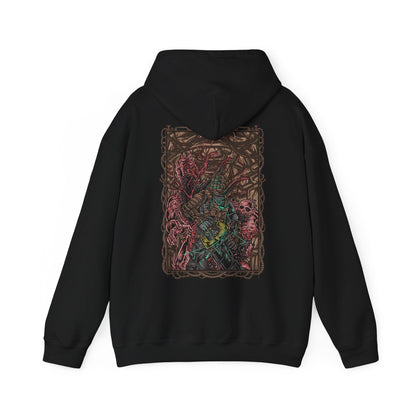 Image 5 of a Hooded Sweatshirt depicting Isaac Clarke facing a horde of Necromorphs in the shadowed corridors of the Ishimura, their elongated limbs reaching toward him as debris drifts in the air. Red emergency lights cast stark glows across twisted, alien forms. The design captures the terrifying atmosphere of Dead Space, embodying fear, mutation, and the claustrophobic terror of a ship overrun by the undead.
