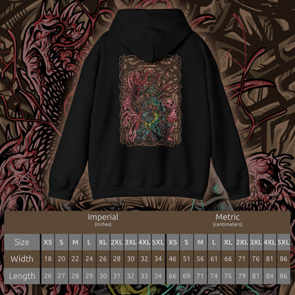 Size chart of a Hooded Sweatshirt depicting Isaac Clarke facing a horde of Necromorphs in the shadowed corridors of the Ishimura, their elongated limbs reaching toward him as debris drifts in the air. Red emergency lights cast stark glows across twisted, alien forms. The design captures the terrifying atmosphere of Dead Space, embodying fear, mutation, and the claustrophobic terror of a ship overrun by the undead.