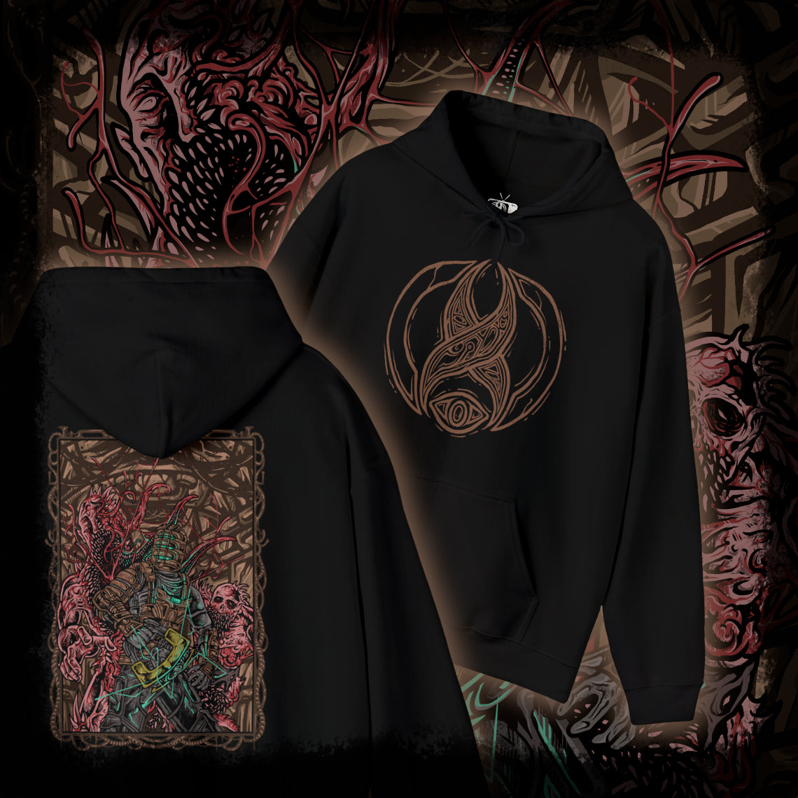 Thumbnail of a Hooded Sweatshirt depicting Isaac Clarke facing a horde of Necromorphs in the shadowed corridors of the Ishimura, their elongated limbs reaching toward him as debris drifts in the air. Red emergency lights cast stark glows across twisted, alien forms. The design captures the terrifying atmosphere of Dead Space, embodying fear, mutation, and the claustrophobic terror of a ship overrun by the undead.