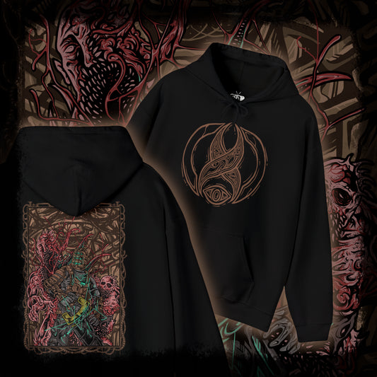 Thumbnail of a Hooded Sweatshirt depicting Isaac Clarke facing a horde of Necromorphs in the shadowed corridors of the Ishimura, their elongated limbs reaching toward him as debris drifts in the air. Red emergency lights cast stark glows across twisted, alien forms. The design captures the terrifying atmosphere of Dead Space, embodying fear, mutation, and the claustrophobic terror of a ship overrun by the undead.