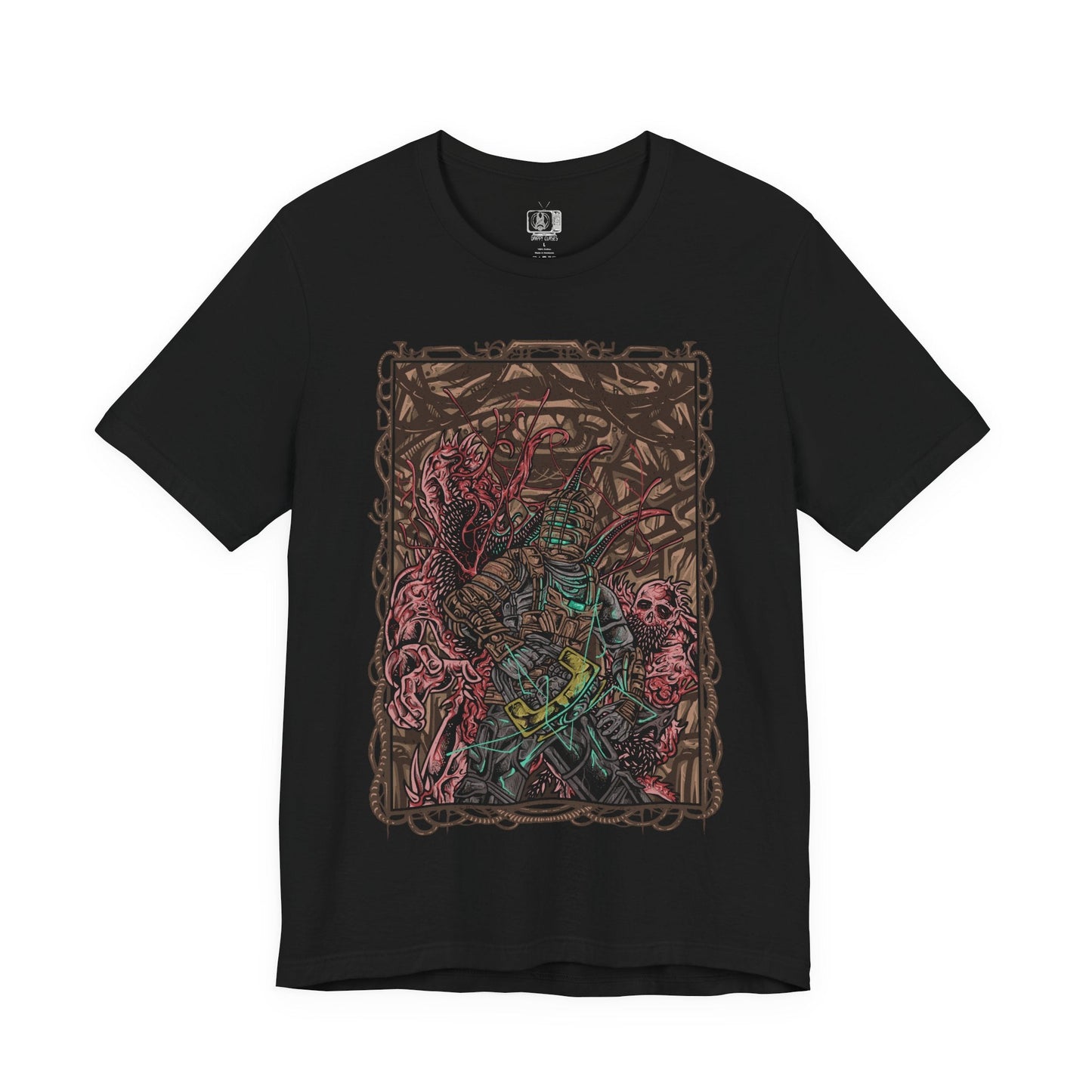 Image 4 of a T-shirt artwork depicting Isaac Clarke navigating the dark, decaying corridors of the USG Ishimura, his plasma cutter glowing as twisted Necromorphs reach from the shadows. Flickering lights reveal scattered debris and the skeletal forms of the fallen crew. The design captures Isaac’s struggle for survival, embodying space horror, isolation, and the relentless threat of mutation.