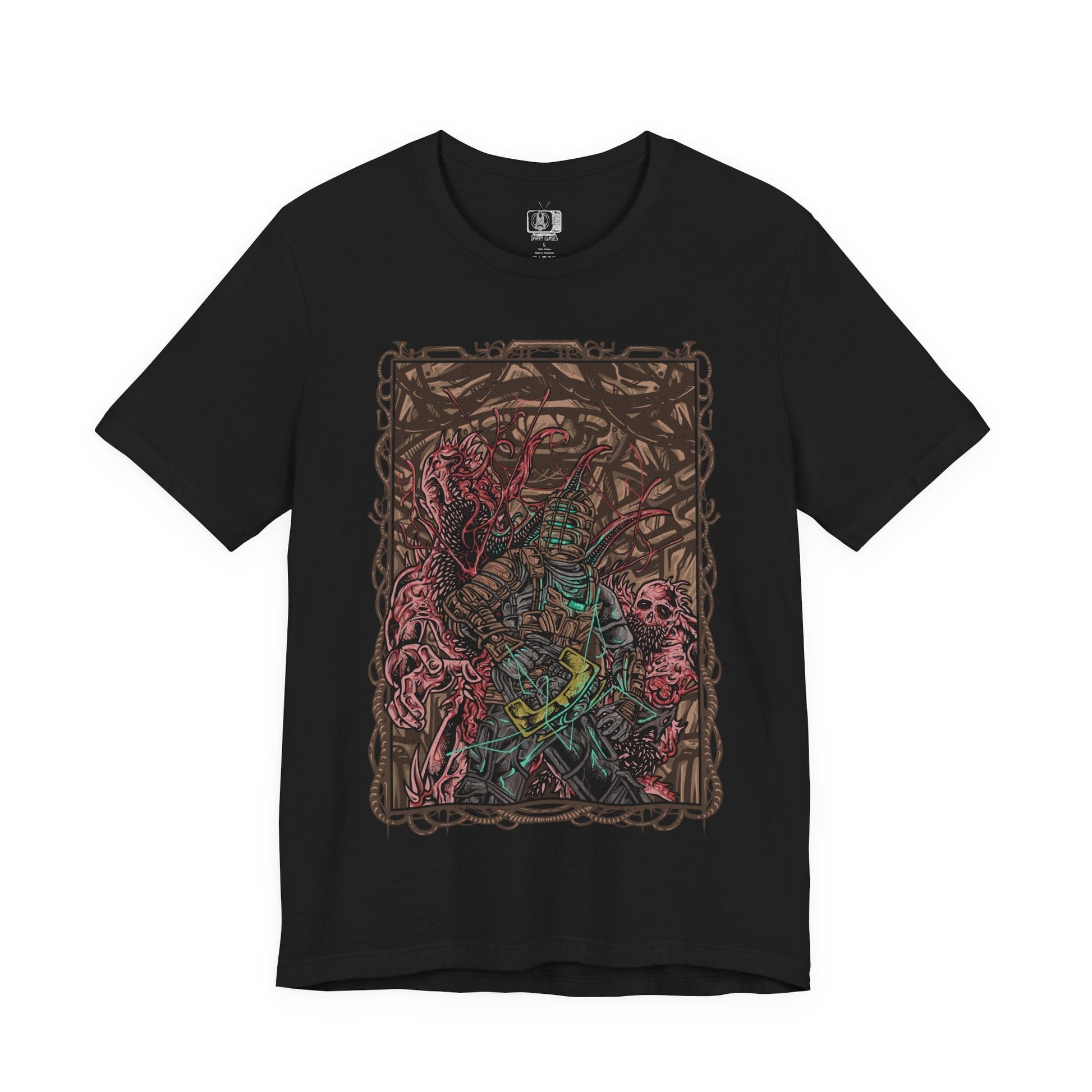Image 4 of a T-shirt artwork depicting Isaac Clarke navigating the dark, decaying corridors of the USG Ishimura, his plasma cutter glowing as twisted Necromorphs reach from the shadows. Flickering lights reveal scattered debris and the skeletal forms of the fallen crew. The design captures Isaac’s struggle for survival, embodying space horror, isolation, and the relentless threat of mutation.
