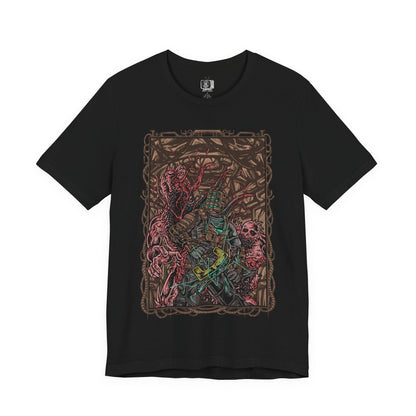 Image 4 of a T-shirt artwork depicting Isaac Clarke navigating the dark, decaying corridors of the USG Ishimura, his plasma cutter glowing as twisted Necromorphs reach from the shadows. Flickering lights reveal scattered debris and the skeletal forms of the fallen crew. The design captures Isaac’s struggle for survival, embodying space horror, isolation, and the relentless threat of mutation.