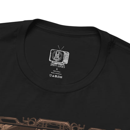 Folded T-shirt artwork depicting Isaac Clarke navigating the dark, decaying corridors of the USG Ishimura, his plasma cutter glowing as twisted Necromorphs reach from the shadows. Flickering lights reveal scattered debris and the skeletal forms of the fallen crew. The design captures Isaac’s struggle for survival, embodying space horror, isolation, and the relentless threat of mutation.