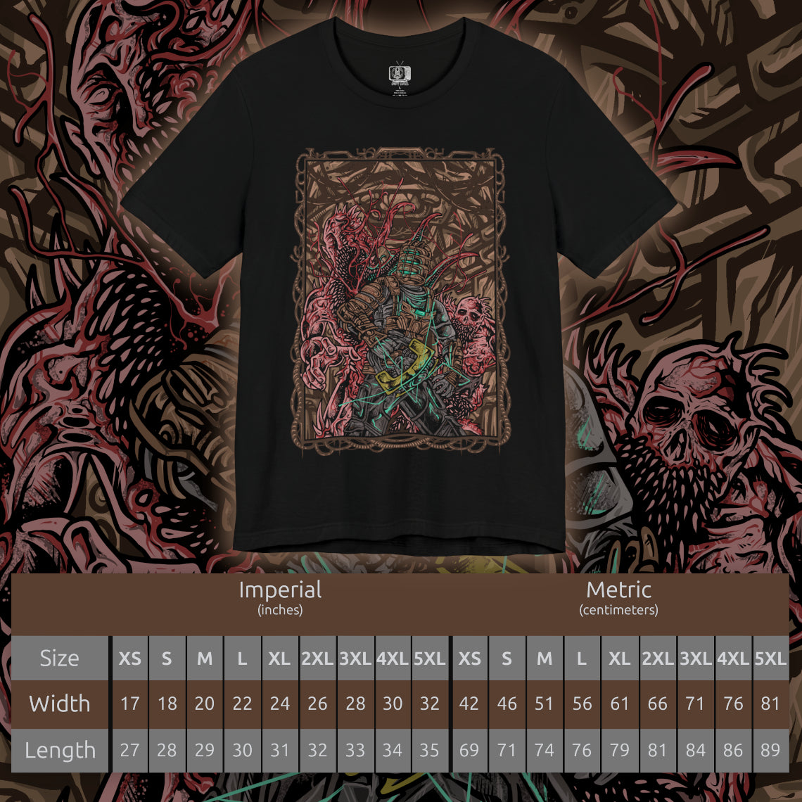 Size chart of a T-shirt artwork depicting Isaac Clarke navigating the dark, decaying corridors of the USG Ishimura, his plasma cutter glowing as twisted Necromorphs reach from the shadows. Flickering lights reveal scattered debris and the skeletal forms of the fallen crew. The design captures Isaac’s struggle for survival, embodying space horror, isolation, and the relentless threat of mutation.