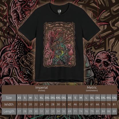 Size chart of a T-shirt artwork depicting Isaac Clarke navigating the dark, decaying corridors of the USG Ishimura, his plasma cutter glowing as twisted Necromorphs reach from the shadows. Flickering lights reveal scattered debris and the skeletal forms of the fallen crew. The design captures Isaac’s struggle for survival, embodying space horror, isolation, and the relentless threat of mutation.