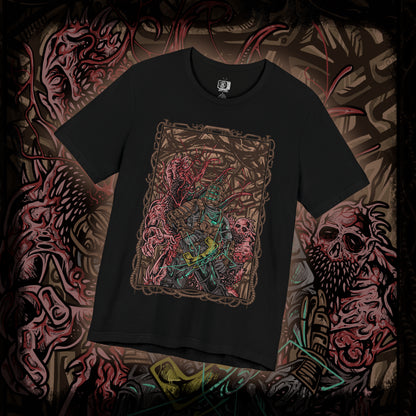 Thumbnail of a T-shirt artwork depicting Isaac Clarke navigating the dark, decaying corridors of the USG Ishimura, his plasma cutter glowing as twisted Necromorphs reach from the shadows. Flickering lights reveal scattered debris and the skeletal forms of the fallen crew. The design captures Isaac’s struggle for survival, embodying space horror, isolation, and the relentless threat of mutation.