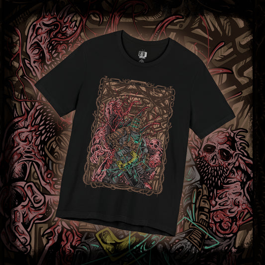 Thumbnail of a T-shirt artwork depicting Isaac Clarke navigating the dark, decaying corridors of the USG Ishimura, his plasma cutter glowing as twisted Necromorphs reach from the shadows. Flickering lights reveal scattered debris and the skeletal forms of the fallen crew. The design captures Isaac’s struggle for survival, embodying space horror, isolation, and the relentless threat of mutation.