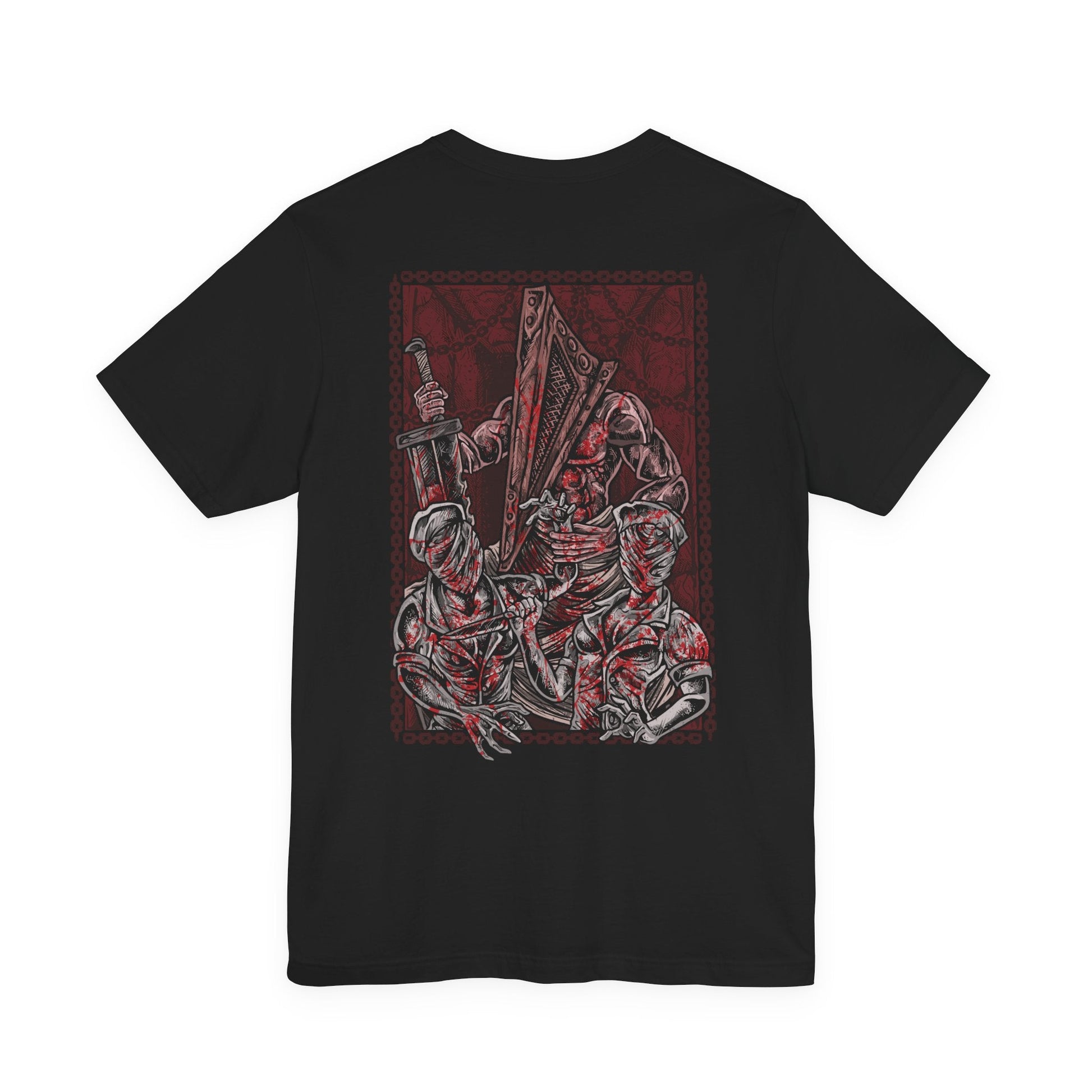 Image 5 of a T-shirt artwork depicting Pyramid Head looming over a group of twisted nurses, their bandaged faces and distorted movements illuminated by a sickly red glow. The environment decays into rust and flesh as reality warps around them. This design reflects themes of repression, fear, and the monstrous forms born from the subconscious in Silent Hill’s nightmare world.
