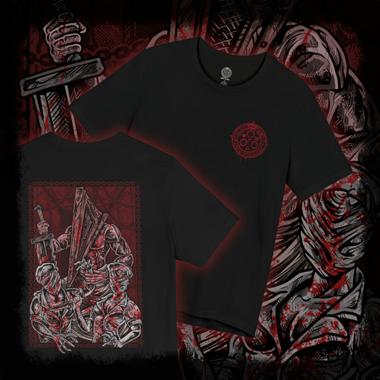 Thumbnail of a T-shirt artwork depicting Pyramid Head looming over a group of twisted nurses, their bandaged faces and distorted movements illuminated by a sickly red glow. The environment decays into rust and flesh as reality warps around them. This design reflects themes of repression, fear, and the monstrous forms born from the subconscious in Silent Hill’s nightmare world.