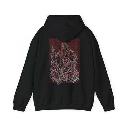 Image 5 of a Hooded Sweatshirt of Pyramid Head standing among silent, motionless nurses in a fog-choked hospital hallway, his triangular helm stained and imposing. The nurses’ unnatural postures and blurred forms create an atmosphere of dread and unease. The composition emphasizes psychological horror, symbolism, and the terrifying presence of judgment within Silent Hill’s twisted reality.