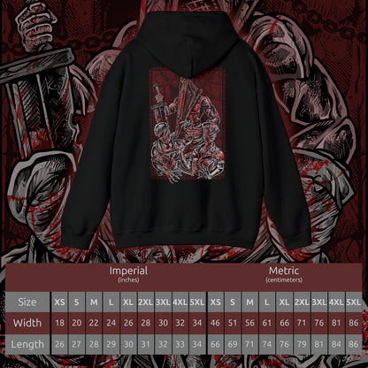 Size chart of a Hooded Sweatshirt of Pyramid Head standing among silent, motionless nurses in a fog-choked hospital hallway, his triangular helm stained and imposing. The nurses’ unnatural postures and blurred forms create an atmosphere of dread and unease. The composition emphasizes psychological horror, symbolism, and the terrifying presence of judgment within Silent Hill’s twisted reality.