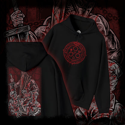 Thumbnail of a Hooded Sweatshirt of Pyramid Head standing among silent, motionless nurses in a fog-choked hospital hallway, his triangular helm stained and imposing. The nurses’ unnatural postures and blurred forms create an atmosphere of dread and unease. The composition emphasizes psychological horror, symbolism, and the terrifying presence of judgment within Silent Hill’s twisted reality.