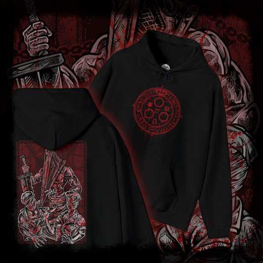 Thumbnail of a Hooded Sweatshirt of Pyramid Head standing among silent, motionless nurses in a fog-choked hospital hallway, his triangular helm stained and imposing. The nurses’ unnatural postures and blurred forms create an atmosphere of dread and unease. The composition emphasizes psychological horror, symbolism, and the terrifying presence of judgment within Silent Hill’s twisted reality.