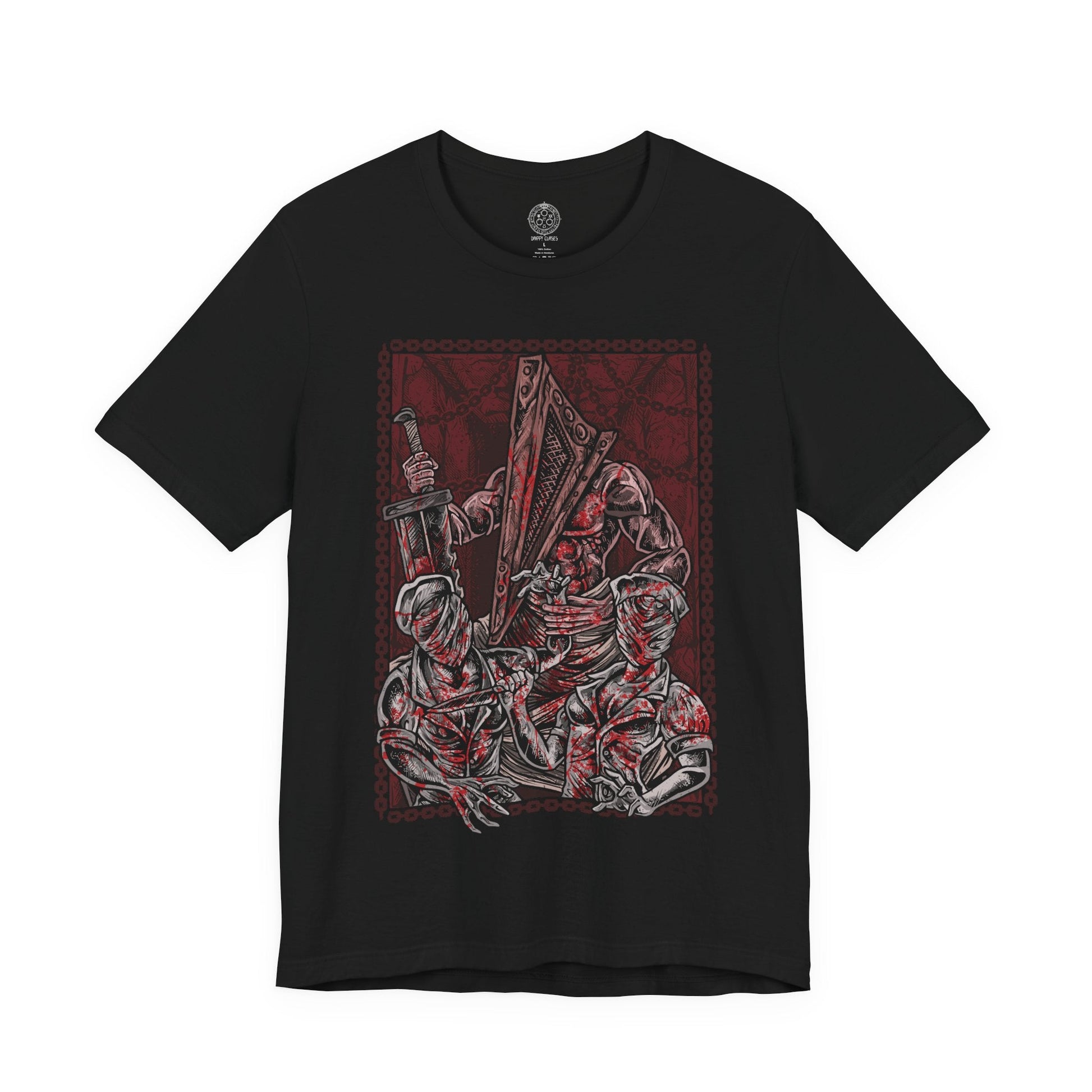 Image 4 of a T-shirt design of Pyramid Head from Silent Hill standing in a dim, rust-stained corridor, dragging his massive blade across the floor as faceless nurses writhe behind him. Flickering lights cast long shadows over peeling walls and blood-soaked tiles. The design captures oppressive guilt, punishment, and the manifestation of inner torment that defines Silent Hill’s psychological horror.