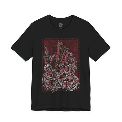 Image 4 of a T-shirt design of Pyramid Head from Silent Hill standing in a dim, rust-stained corridor, dragging his massive blade across the floor as faceless nurses writhe behind him. Flickering lights cast long shadows over peeling walls and blood-soaked tiles. The design captures oppressive guilt, punishment, and the manifestation of inner torment that defines Silent Hill’s psychological horror.