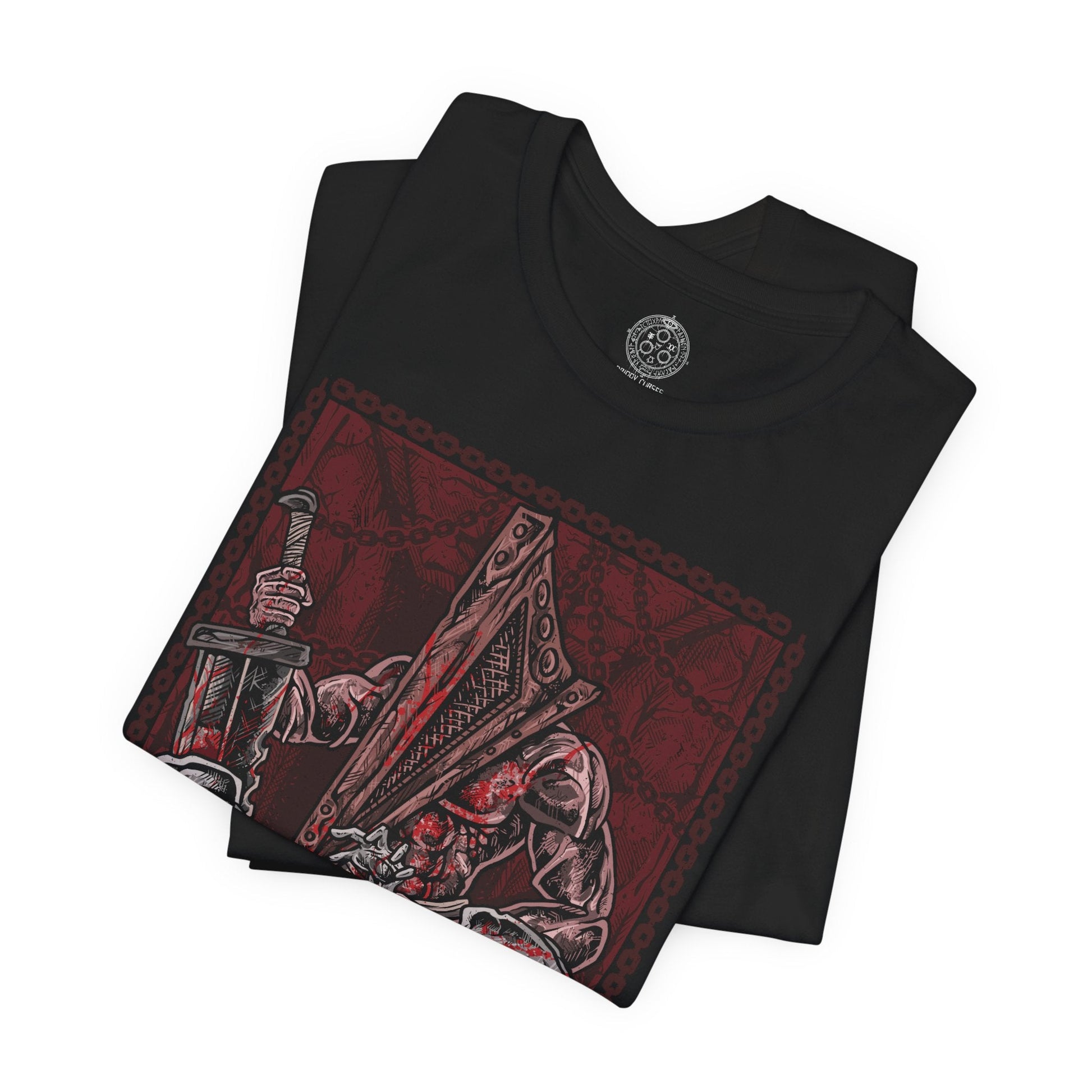 Image 5 of a T-shirt design of Pyramid Head from Silent Hill standing in a dim, rust-stained corridor, dragging his massive blade across the floor as faceless nurses writhe behind him. Flickering lights cast long shadows over peeling walls and blood-soaked tiles. The design captures oppressive guilt, punishment, and the manifestation of inner torment that defines Silent Hill’s psychological horror.