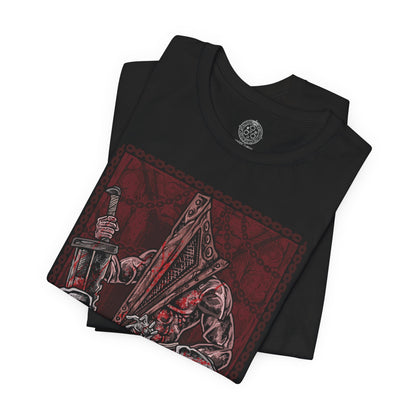 Image 5 of a T-shirt design of Pyramid Head from Silent Hill standing in a dim, rust-stained corridor, dragging his massive blade across the floor as faceless nurses writhe behind him. Flickering lights cast long shadows over peeling walls and blood-soaked tiles. The design captures oppressive guilt, punishment, and the manifestation of inner torment that defines Silent Hill’s psychological horror.