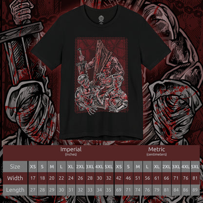 Size chart of a T-shirt design of Pyramid Head from Silent Hill standing in a dim, rust-stained corridor, dragging his massive blade across the floor as faceless nurses writhe behind him. Flickering lights cast long shadows over peeling walls and blood-soaked tiles. The design captures oppressive guilt, punishment, and the manifestation of inner torment that defines Silent Hill’s psychological horror.