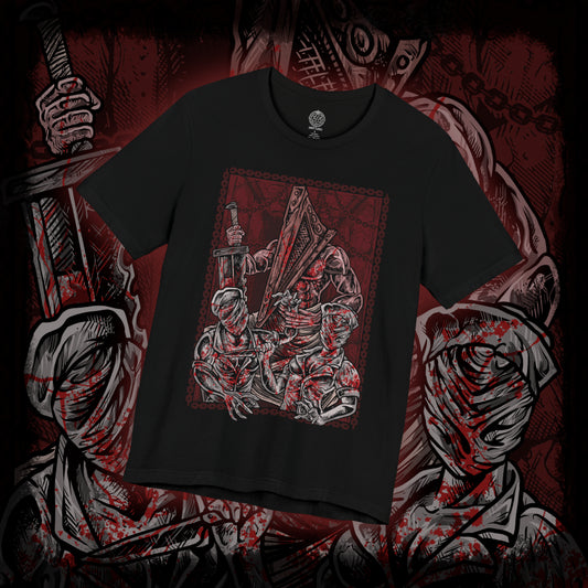 Thumbnail of a T-shirt design of Pyramid Head from Silent Hill standing in a dim, rust-stained corridor, dragging his massive blade across the floor as faceless nurses writhe behind him. Flickering lights cast long shadows over peeling walls and blood-soaked tiles. The design captures oppressive guilt, punishment, and the manifestation of inner torment that defines Silent Hill’s psychological horror.