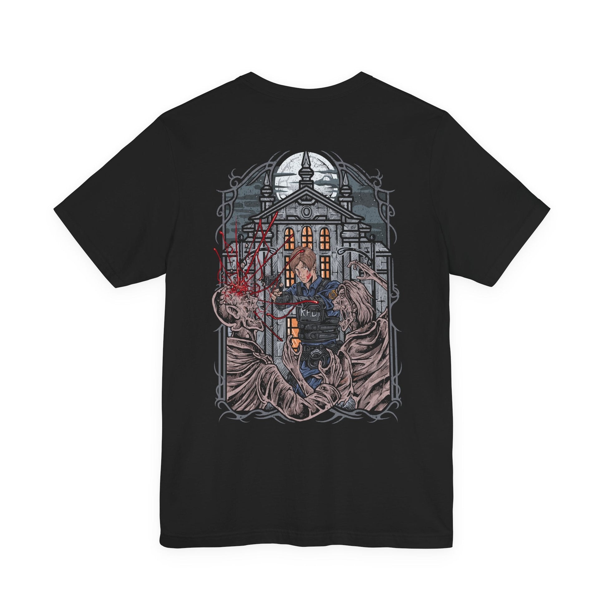Image 5 of a T-shirt design of Leon S. Kennedy from Resident Evil 2, a young cop fighting off hordes of zombies during the outbreak of Raccoon City, positioned in a tense urban scene. Muzzle flashes light the darkness as the undead advance, capturing a moment of survival driven by instinct, fear, and unwavering resolve.