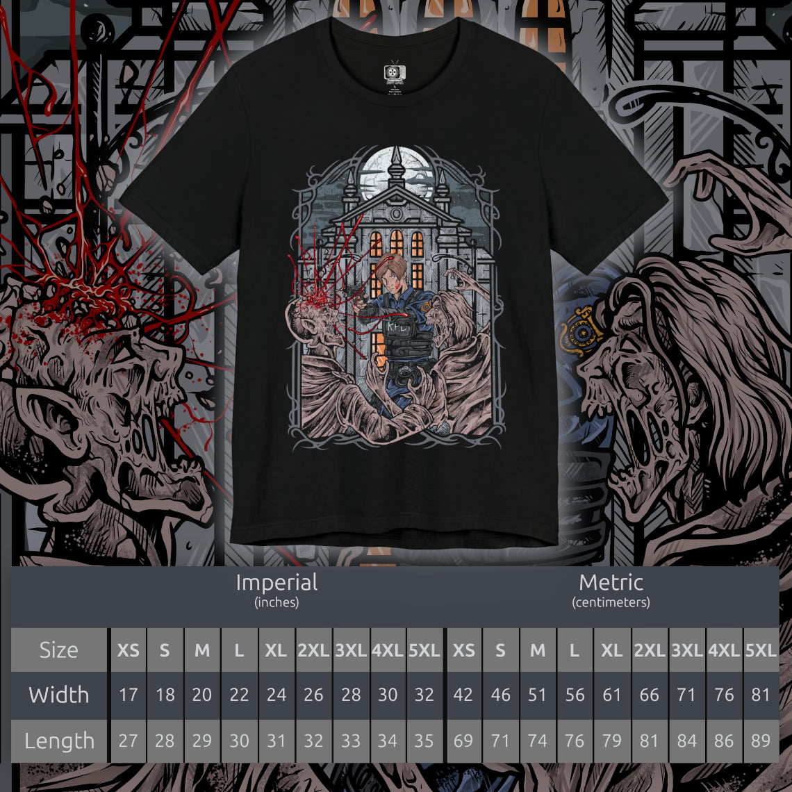 Size chart of a T-shirt design of Leon S. Kennedy from Resident Evil 2, a young cop fighting off hordes of zombies during the outbreak of Raccoon City, positioned in a tense urban scene. Muzzle flashes light the darkness as the undead advance, capturing a moment of survival driven by instinct, fear, and unwavering resolve.