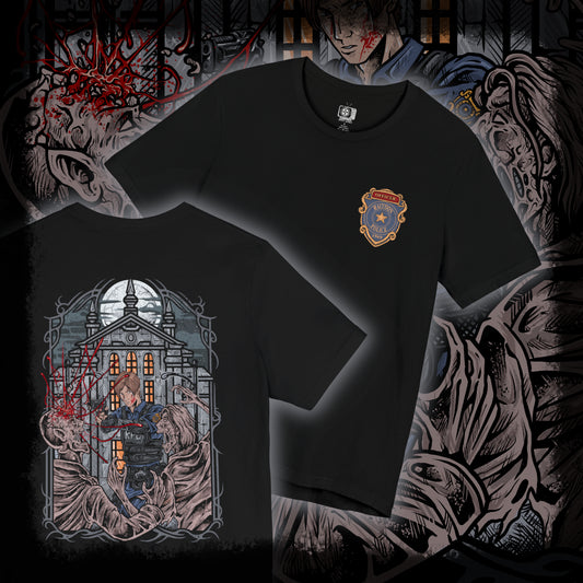 Thumbnail of a T-shirt design of Leon S. Kennedy from Resident Evil 2, a young cop fighting off hordes of zombies during the outbreak of Raccoon City, positioned in a tense urban scene. Muzzle flashes light the darkness as the undead advance, capturing a moment of survival driven by instinct, fear, and unwavering resolve.