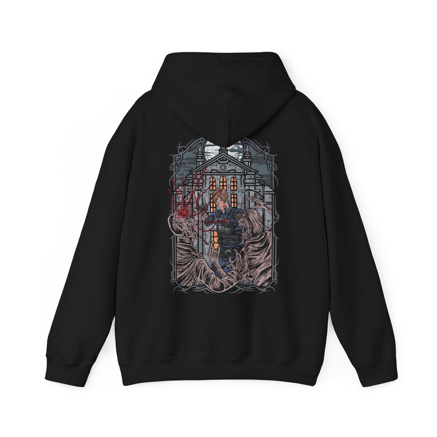 Image 5 of a Hooded Sweatshirt of Leon S. Kennedy from Resident Evil 2, an inexperienced officer facing a relentless zombie horde, standing amid the destruction of Raccoon City. With weapon raised and enemies closing in, the scene captures a classic survival horror moment fueled by tension, danger, and the will to endure.