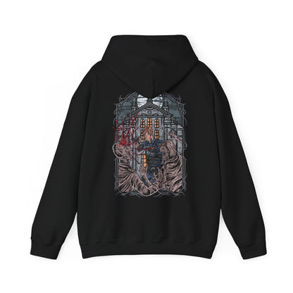 Image 5 of a Hooded Sweatshirt of Leon S. Kennedy from Resident Evil 2, an inexperienced officer facing a relentless zombie horde, standing amid the destruction of Raccoon City. With weapon raised and enemies closing in, the scene captures a classic survival horror moment fueled by tension, danger, and the will to endure.