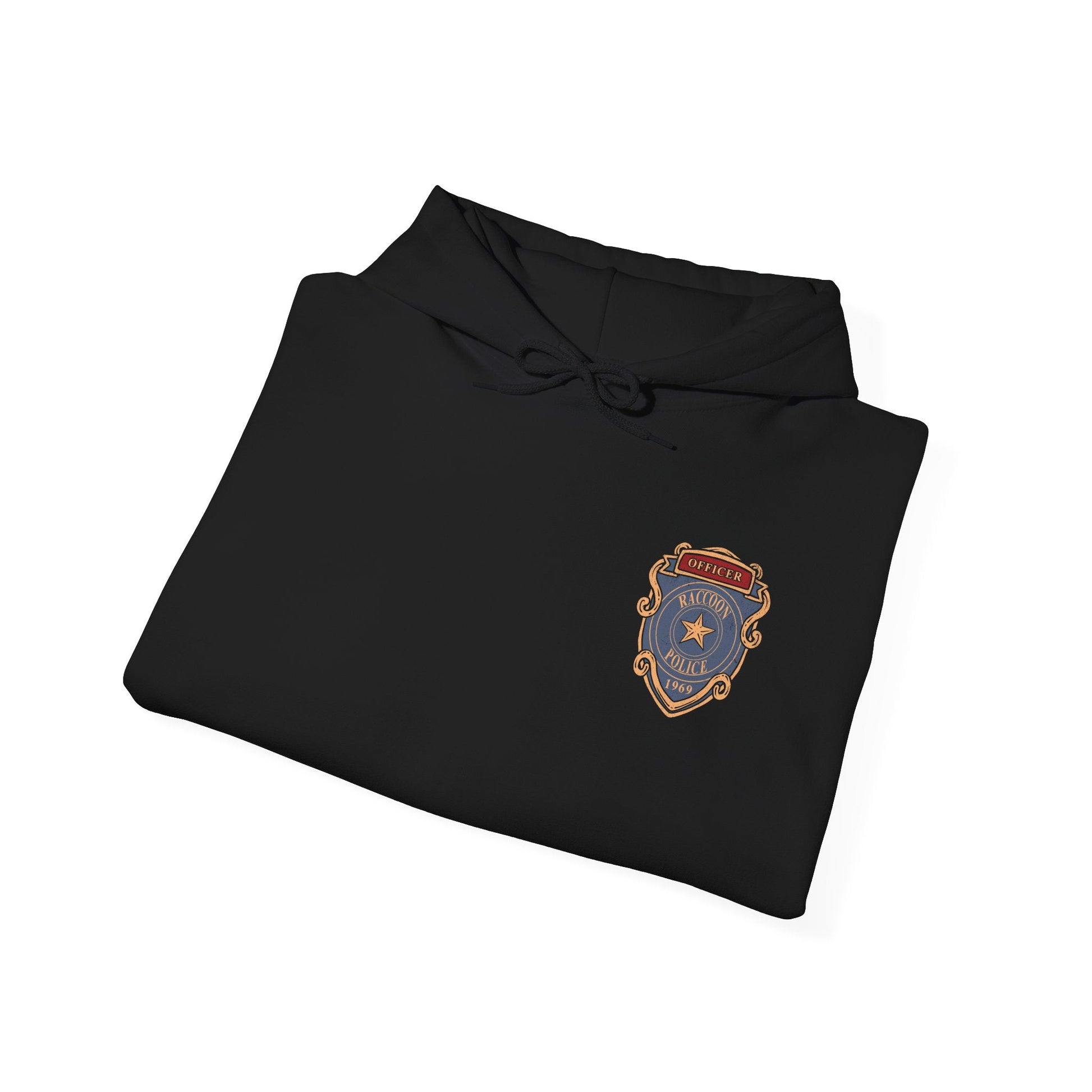 Image 6 of a Hooded Sweatshirt of Leon S. Kennedy from Resident Evil 2, an inexperienced officer facing a relentless zombie horde, standing amid the destruction of Raccoon City. With weapon raised and enemies closing in, the scene captures a classic survival horror moment fueled by tension, danger, and the will to endure.