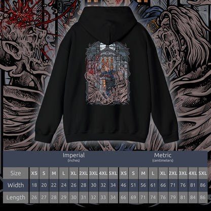 Size chart of a Hooded Sweatshirt of Leon S. Kennedy from Resident Evil 2, an inexperienced officer facing a relentless zombie horde, standing amid the destruction of Raccoon City. With weapon raised and enemies closing in, the scene captures a classic survival horror moment fueled by tension, danger, and the will to endure.