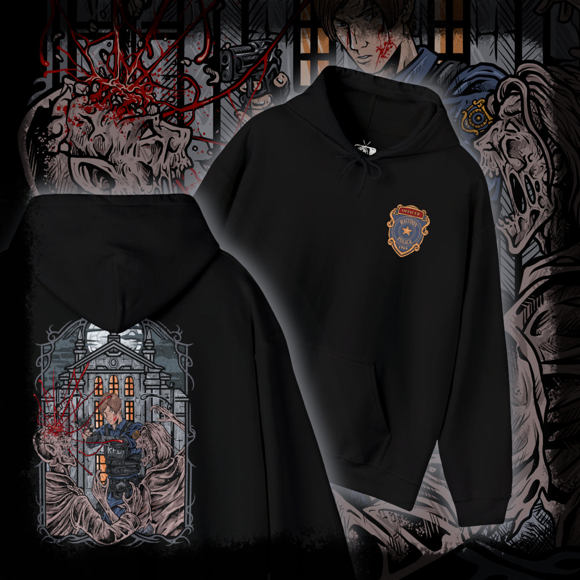 Thumbnail of a Hooded Sweatshirt of Leon S. Kennedy from Resident Evil 2, an inexperienced officer facing a relentless zombie horde, standing amid the destruction of Raccoon City. With weapon raised and enemies closing in, the scene captures a classic survival horror moment fueled by tension, danger, and the will to endure.
