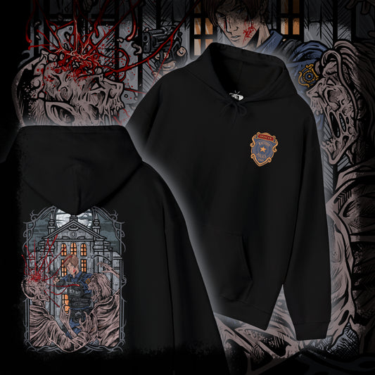 Thumbnail of a Hooded Sweatshirt of Leon S. Kennedy from Resident Evil 2, an inexperienced officer facing a relentless zombie horde, standing amid the destruction of Raccoon City. With weapon raised and enemies closing in, the scene captures a classic survival horror moment fueled by tension, danger, and the will to endure.