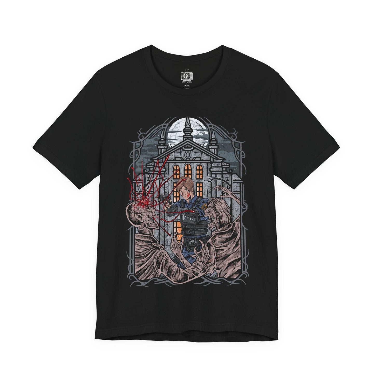 Image 4 of a T-shirt design of Leon S. Kennedy from Resident Evil 2, a rookie police officer battling through a zombie outbreak in Raccoon City, standing in a dimly lit street filled with chaos. He aims his handgun at approaching undead as shadows close in around him, capturing a determined survivor defined by courage, precision, and relentless pressure.