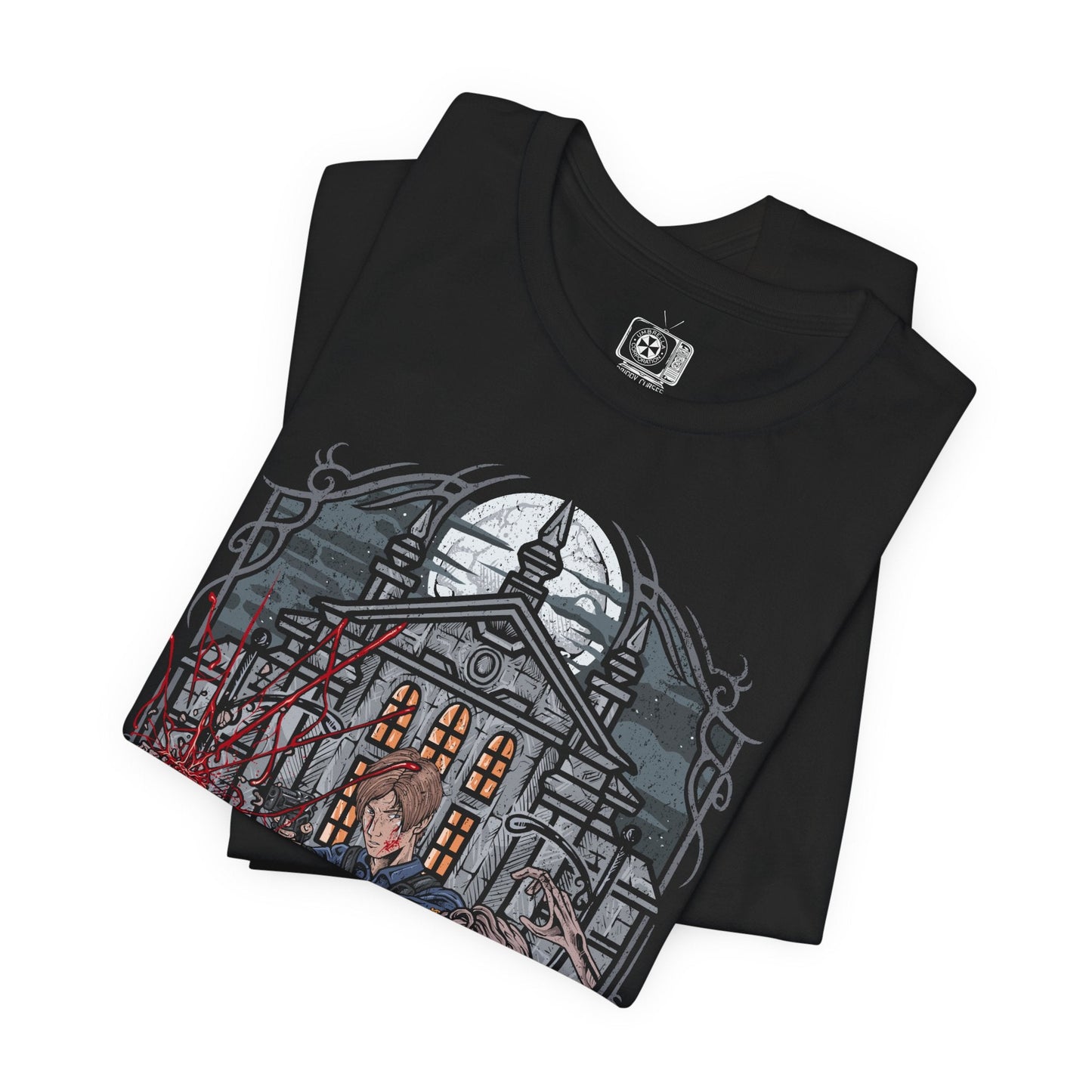 Image 5 of a T-shirt design of Leon S. Kennedy from Resident Evil 2, a rookie police officer battling through a zombie outbreak in Raccoon City, standing in a dimly lit street filled with chaos. He aims his handgun at approaching undead as shadows close in around him, capturing a determined survivor defined by courage, precision, and relentless pressure.