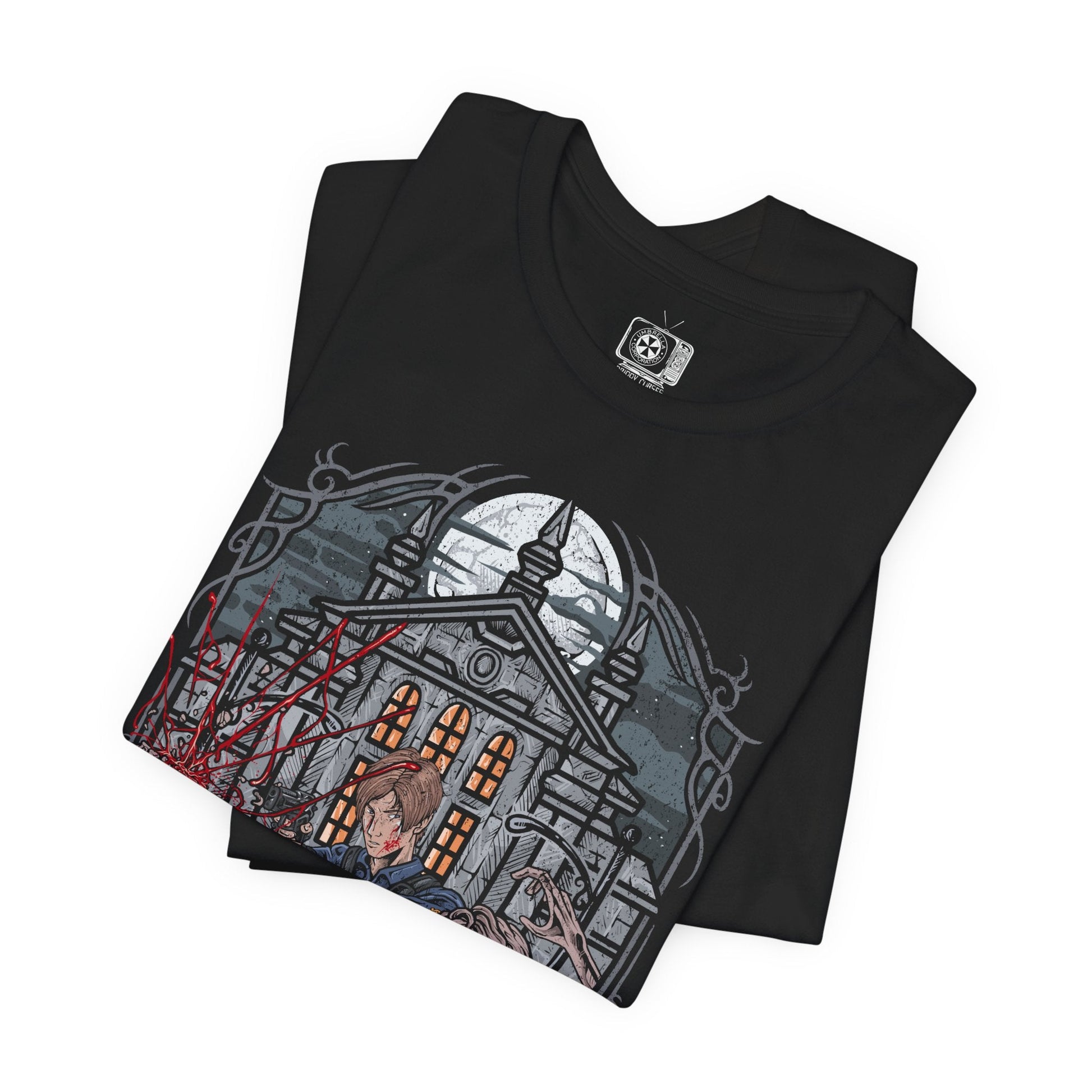 Image 5 of a T-shirt design of Leon S. Kennedy from Resident Evil 2, a rookie police officer battling through a zombie outbreak in Raccoon City, standing in a dimly lit street filled with chaos. He aims his handgun at approaching undead as shadows close in around him, capturing a determined survivor defined by courage, precision, and relentless pressure.